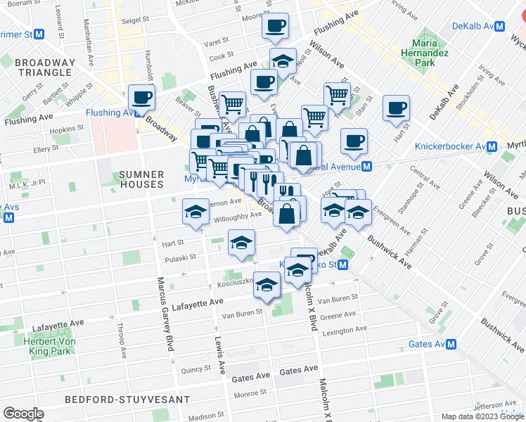 map of restaurants, bars, coffee shops, grocery stores, and more near 12 Ditmars Street in Brooklyn