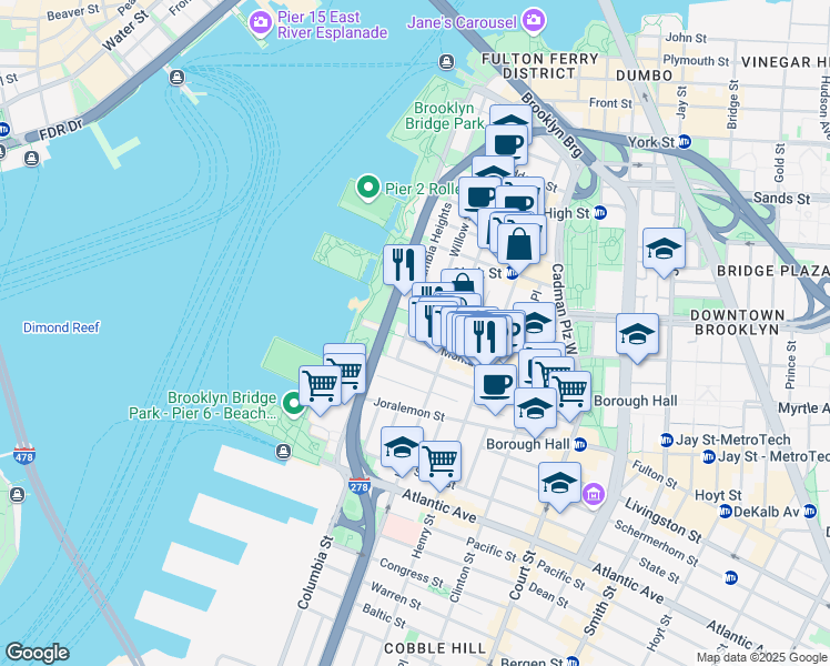 map of restaurants, bars, coffee shops, grocery stores, and more near 152 Willow Street in Brooklyn