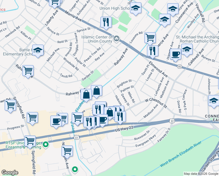 map of restaurants, bars, coffee shops, grocery stores, and more near 1006 Gifford Court in Union