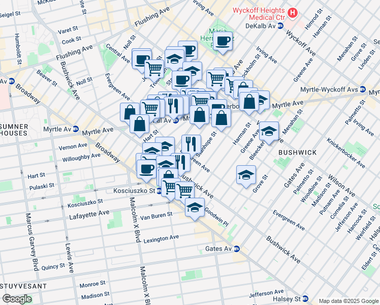 map of restaurants, bars, coffee shops, grocery stores, and more near 57 Stockholm Street in Brooklyn