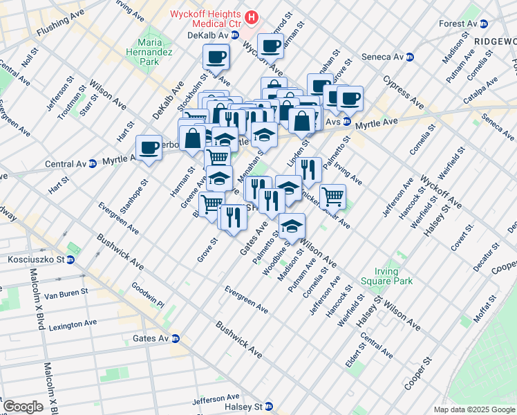 map of restaurants, bars, coffee shops, grocery stores, and more near Linden St & Wilson Ave in Brooklyn