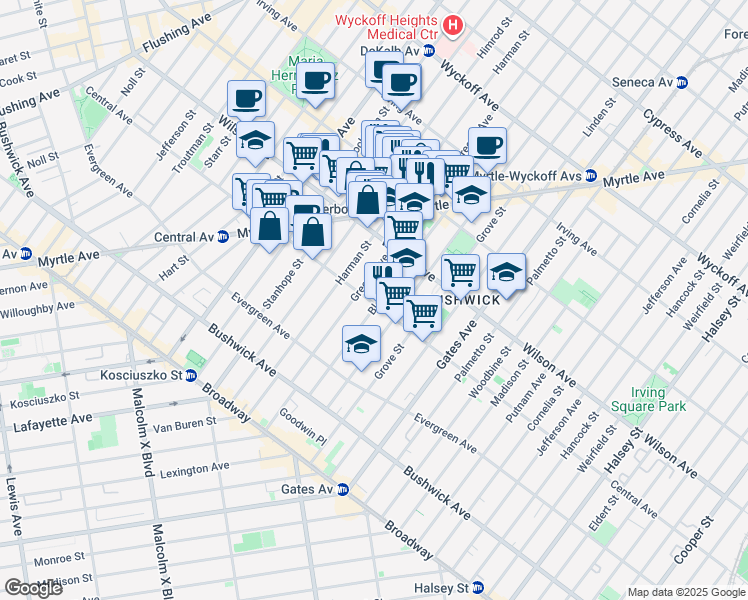 map of restaurants, bars, coffee shops, grocery stores, and more near 123 Bleecker Street in Brooklyn