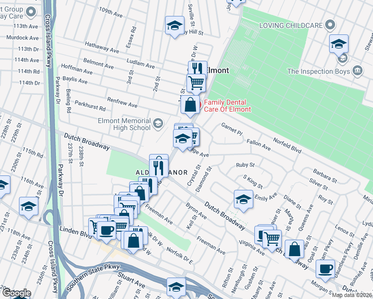 map of restaurants, bars, coffee shops, grocery stores, and more near 17 Village Avenue in Elmont