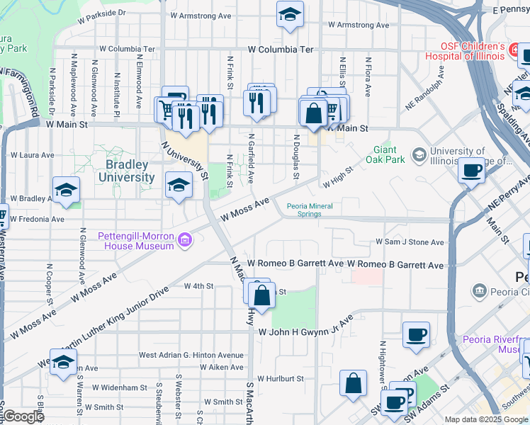 map of restaurants, bars, coffee shops, grocery stores, and more near 854 West Moss Avenue in Peoria