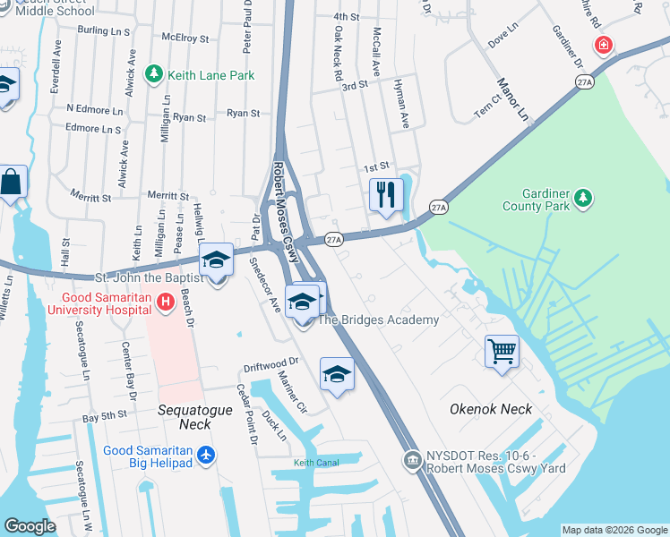 map of restaurants, bars, coffee shops, grocery stores, and more near 7 Wharf Way in West Islip