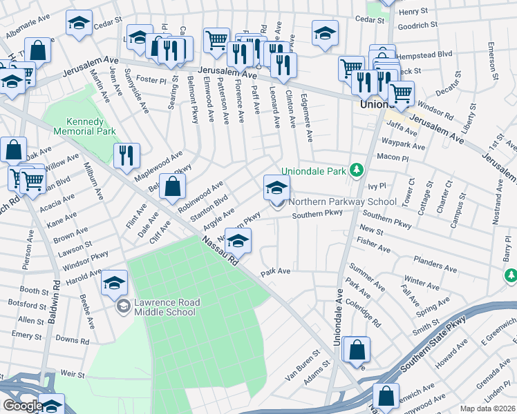 map of restaurants, bars, coffee shops, grocery stores, and more near 152 Argyle Avenue in Uniondale