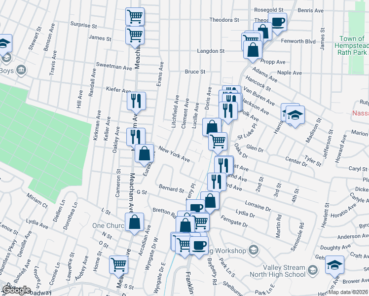 map of restaurants, bars, coffee shops, grocery stores, and more near 438 Lucille Avenue in Elmont