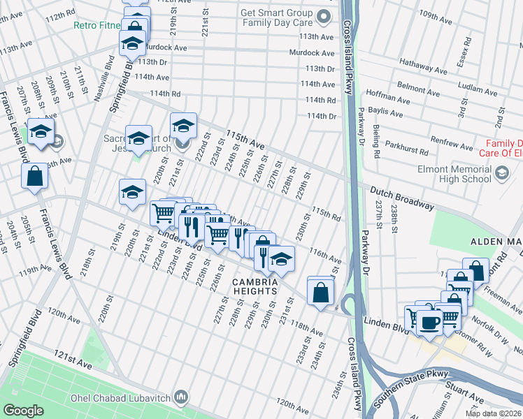 map of restaurants, bars, coffee shops, grocery stores, and more near 115-66 227th Street in Queens