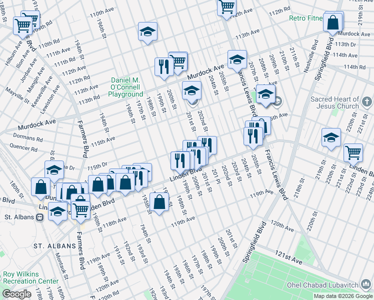map of restaurants, bars, coffee shops, grocery stores, and more near 115-52 200th Street in Queens