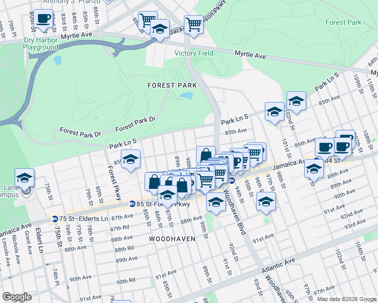 map of restaurants, bars, coffee shops, grocery stores, and more near 84-23 90th Street in Queens