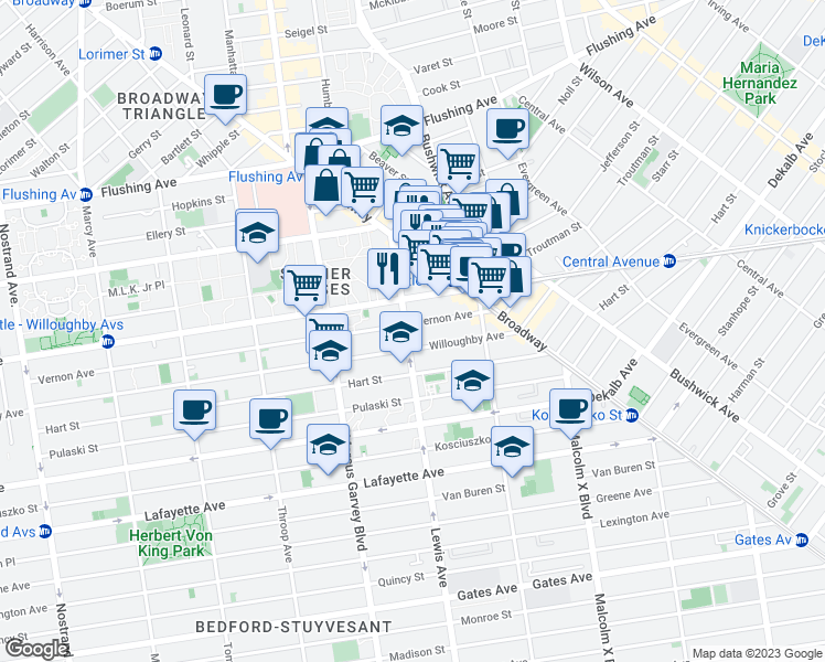 map of restaurants, bars, coffee shops, grocery stores, and more near 1072 Myrtle Avenue in Brooklyn