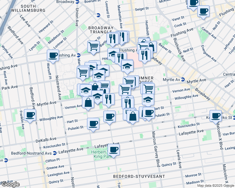 map of restaurants, bars, coffee shops, grocery stores, and more near 220 Throop Avenue in Brooklyn