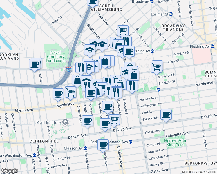 map of restaurants, bars, coffee shops, grocery stores, and more near 793 Bedford Avenue in Brooklyn