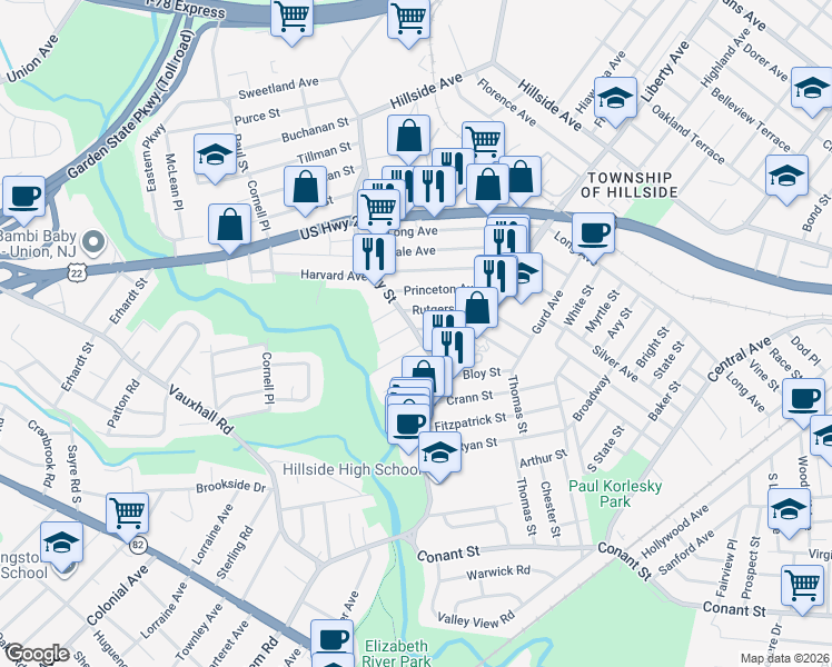 map of restaurants, bars, coffee shops, grocery stores, and more near 397 Rutgers Avenue in Hillside