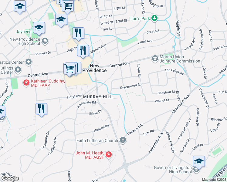 map of restaurants, bars, coffee shops, grocery stores, and more near 101 Greenwood Road in New Providence