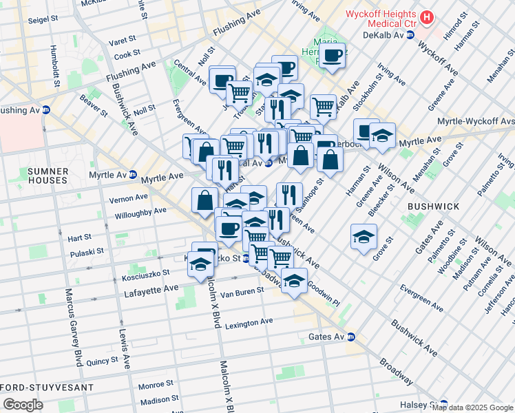 map of restaurants, bars, coffee shops, grocery stores, and more near 1209 DeKalb Avenue in Brooklyn