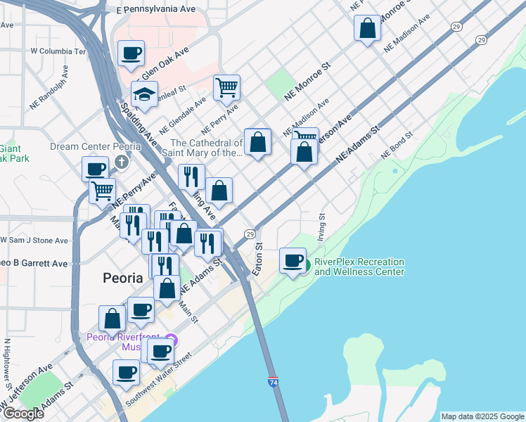 map of restaurants, bars, coffee shops, grocery stores, and more near 301-399 Hancock St in Peoria