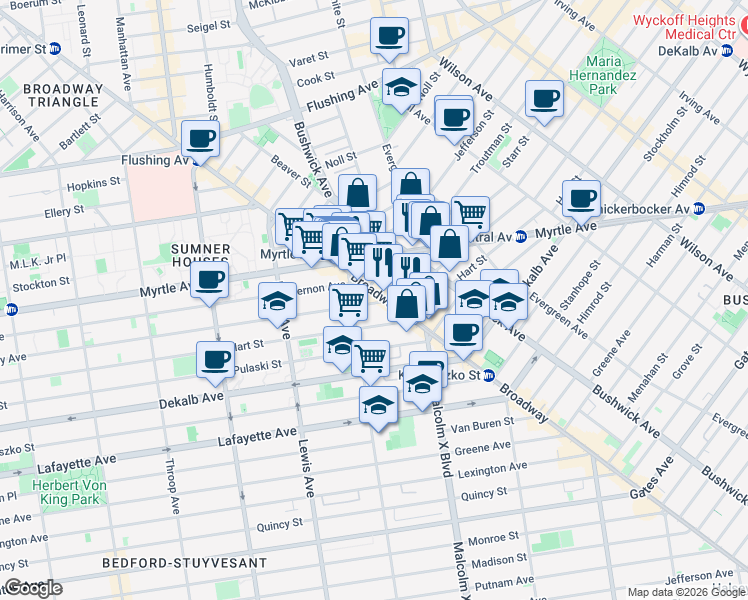 map of restaurants, bars, coffee shops, grocery stores, and more near 865 Willoughby Avenue in Brooklyn