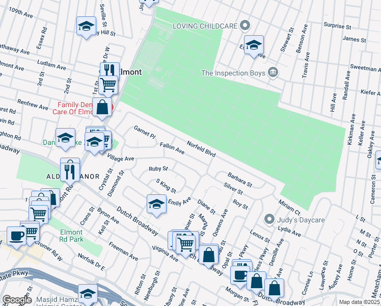 map of restaurants, bars, coffee shops, grocery stores, and more near 182 Norfeld Boulevard in Elmont