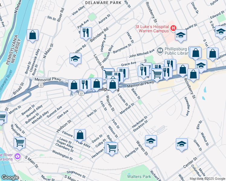 map of restaurants, bars, coffee shops, grocery stores, and more near 210 Prospect Avenue in Phillipsburg