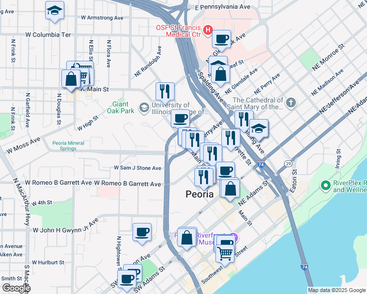 map of restaurants, bars, coffee shops, grocery stores, and more near 109 Northeast Perry Avenue in Peoria