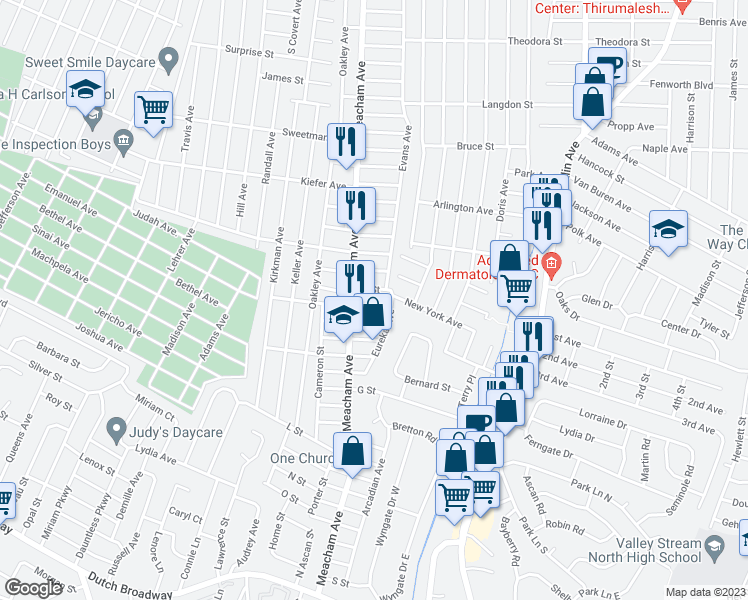 map of restaurants, bars, coffee shops, grocery stores, and more near 1337 Star Avenue in Elmont