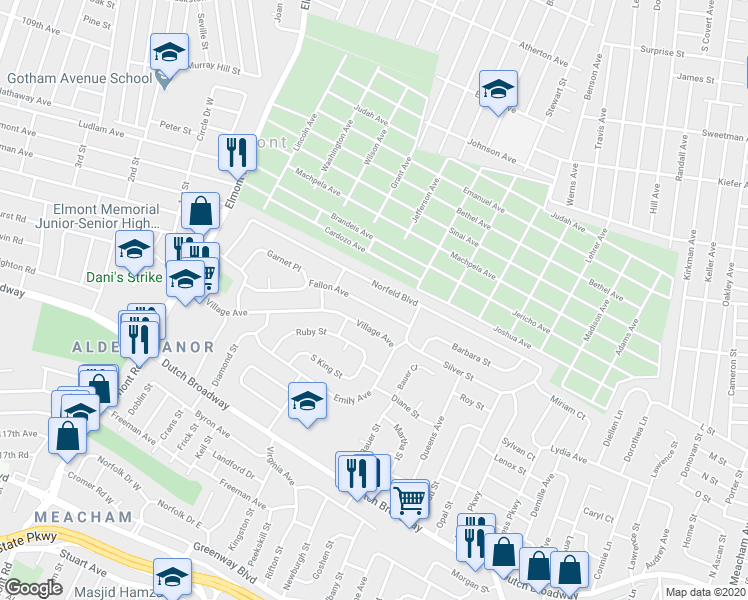 map of restaurants, bars, coffee shops, grocery stores, and more near 182 Norfeld Boulevard in Elmont