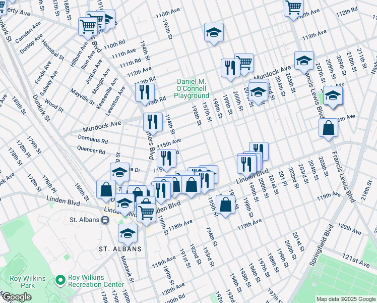 map of restaurants, bars, coffee shops, grocery stores, and more near 194-40 115th Avenue in Queens