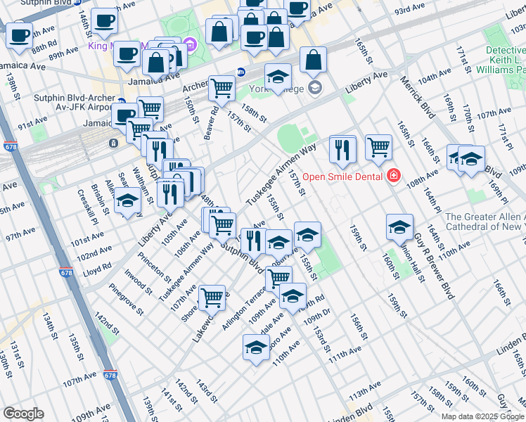 map of restaurants, bars, coffee shops, grocery stores, and more near 153-25 Tuskegee Airmen Way in Queens