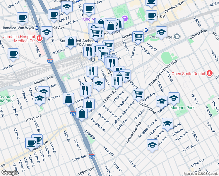 map of restaurants, bars, coffee shops, grocery stores, and more near 97-17 Waltham Street in Queens