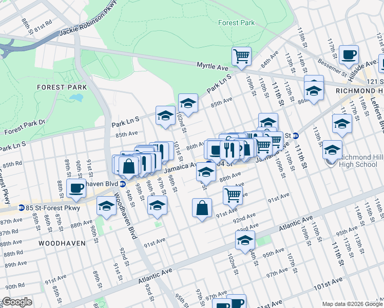 map of restaurants, bars, coffee shops, grocery stores, and more near 102-21 86th Avenue in Queens