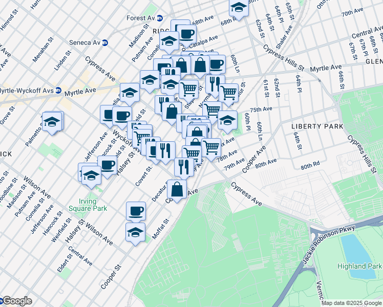 map of restaurants, bars, coffee shops, grocery stores, and more near 10-76 Cypress Avenue in Queens