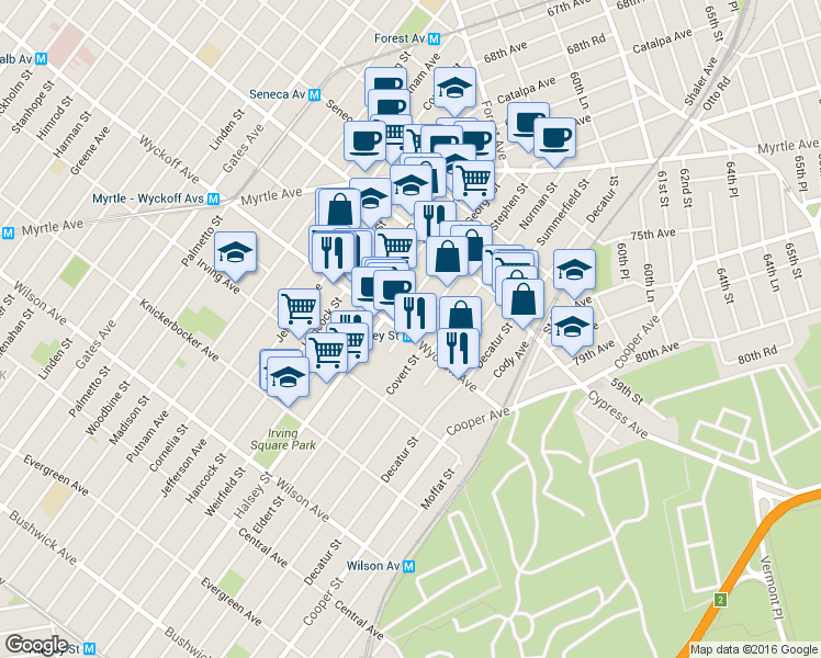 map of restaurants, bars, coffee shops, grocery stores, and more near 1639 Stephen Street in Queens