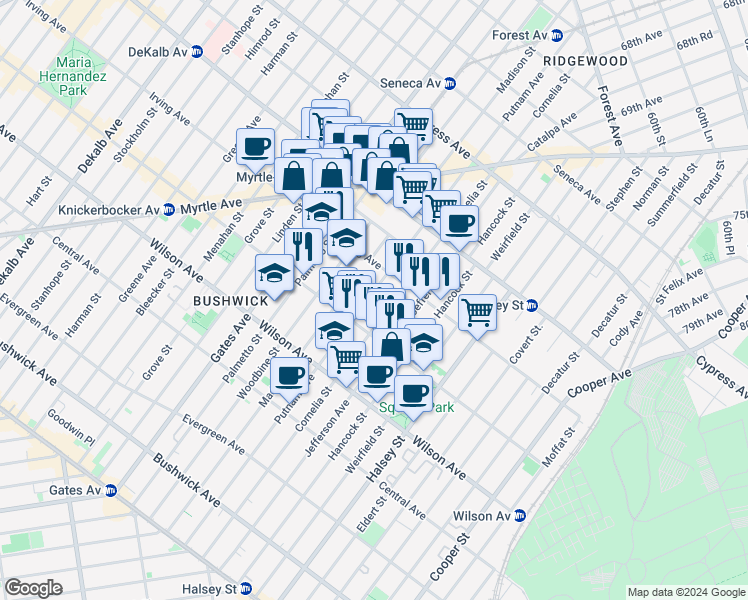 map of restaurants, bars, coffee shops, grocery stores, and more near 1428 Putnam Avenue in Brooklyn