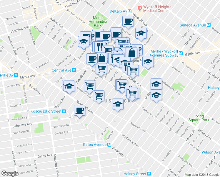 map of restaurants, bars, coffee shops, grocery stores, and more near 1229 Greene Avenue in Brooklyn