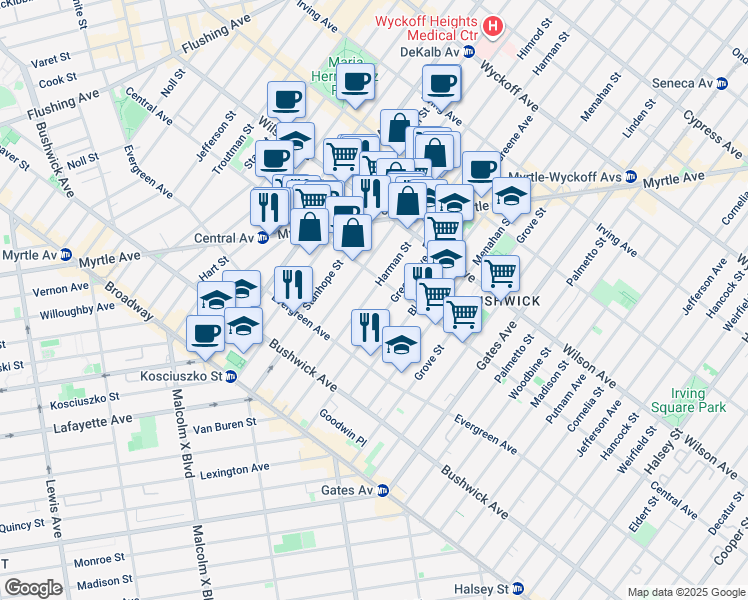 map of restaurants, bars, coffee shops, grocery stores, and more near 112 Himrod Street in Brooklyn