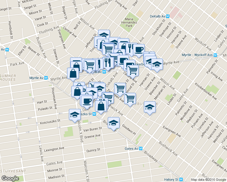 map of restaurants, bars, coffee shops, grocery stores, and more near 57 Stockholm Street in Brooklyn