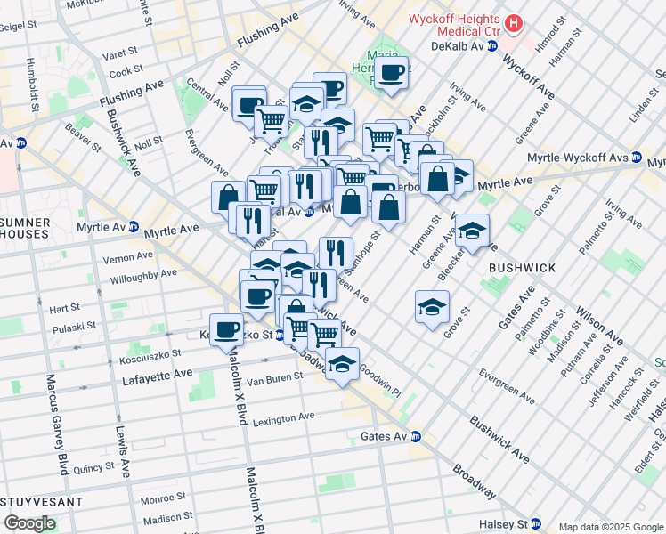 map of restaurants, bars, coffee shops, grocery stores, and more near 57 Stockholm Street in Brooklyn