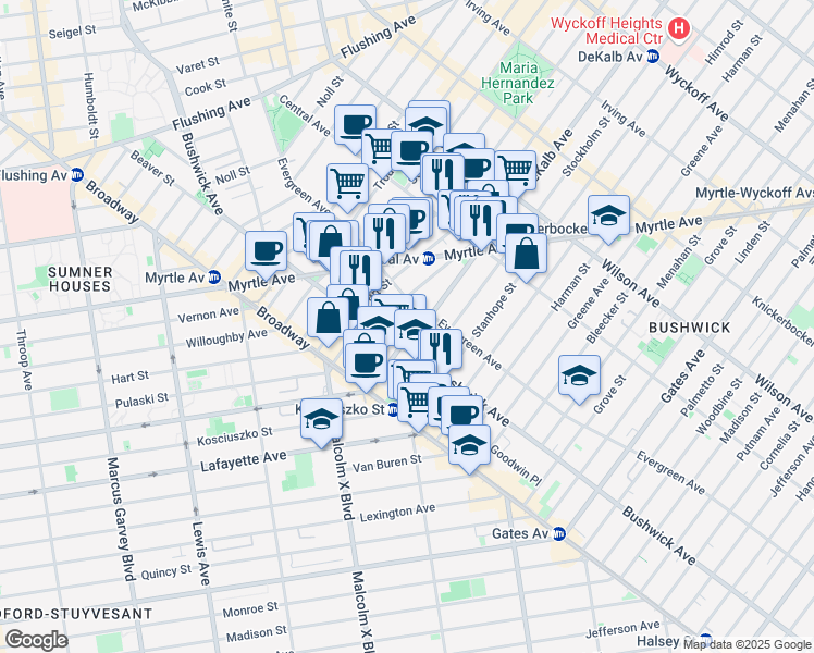 map of restaurants, bars, coffee shops, grocery stores, and more near 1235 Dekalb Avenue in Brooklyn
