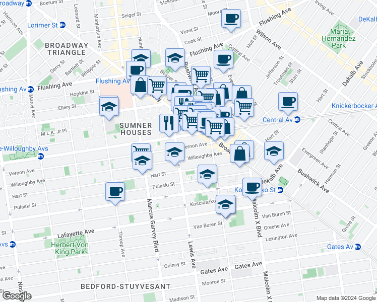 map of restaurants, bars, coffee shops, grocery stores, and more near 1100 Myrtle Avenue in Brooklyn