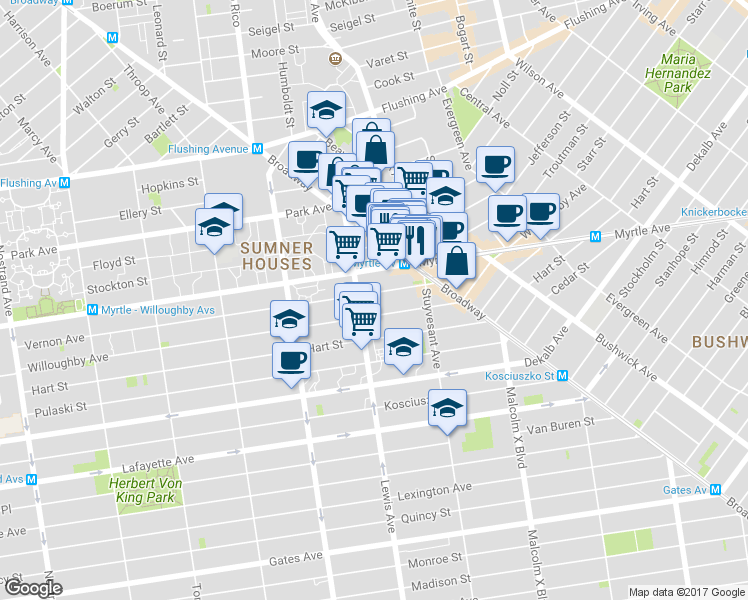 map of restaurants, bars, coffee shops, grocery stores, and more near 1100 Myrtle Avenue in Brooklyn