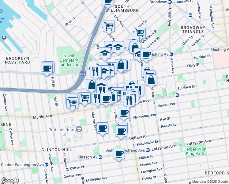 map of restaurants, bars, coffee shops, grocery stores, and more near 64 Skillman Street in Brooklyn