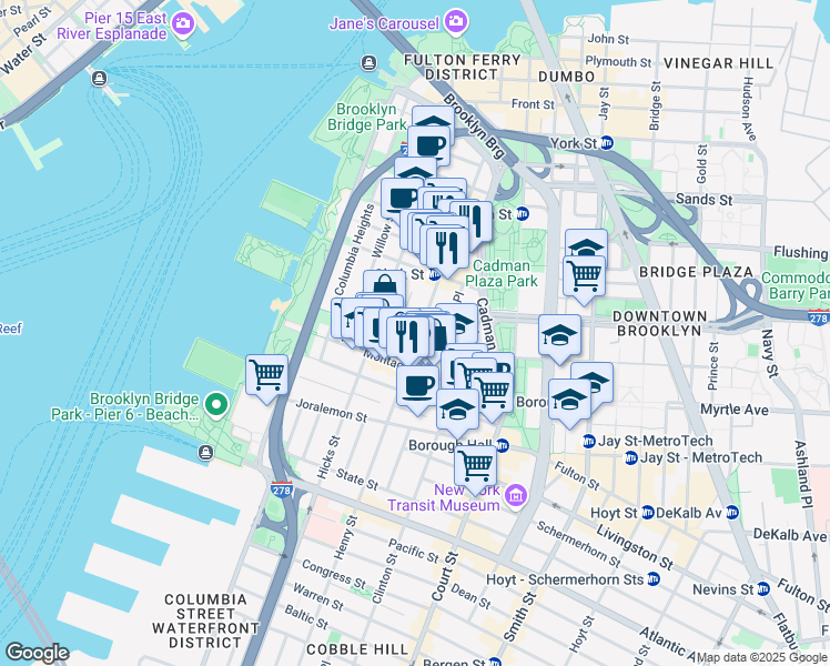 map of restaurants, bars, coffee shops, grocery stores, and more near 138 Henry Street in Brooklyn