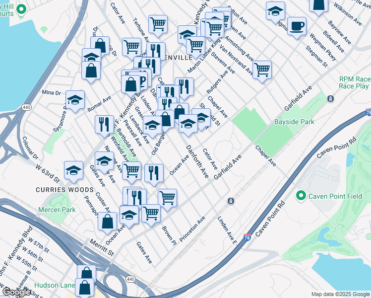 map of restaurants, bars, coffee shops, grocery stores, and more near 128 Danforth Avenue in Jersey City
