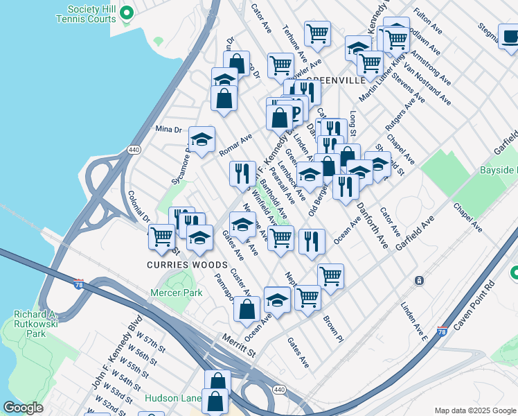 map of restaurants, bars, coffee shops, grocery stores, and more near 118 Bartholdi Avenue in Jersey City