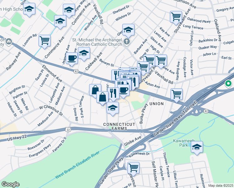 map of restaurants, bars, coffee shops, grocery stores, and more near 983 Johnson Place in Union