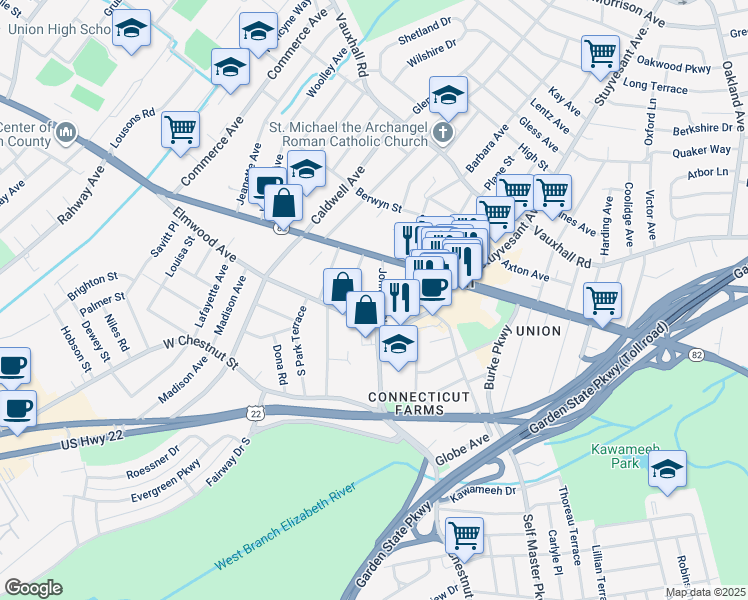 map of restaurants, bars, coffee shops, grocery stores, and more near 979 Union Terrace in Union