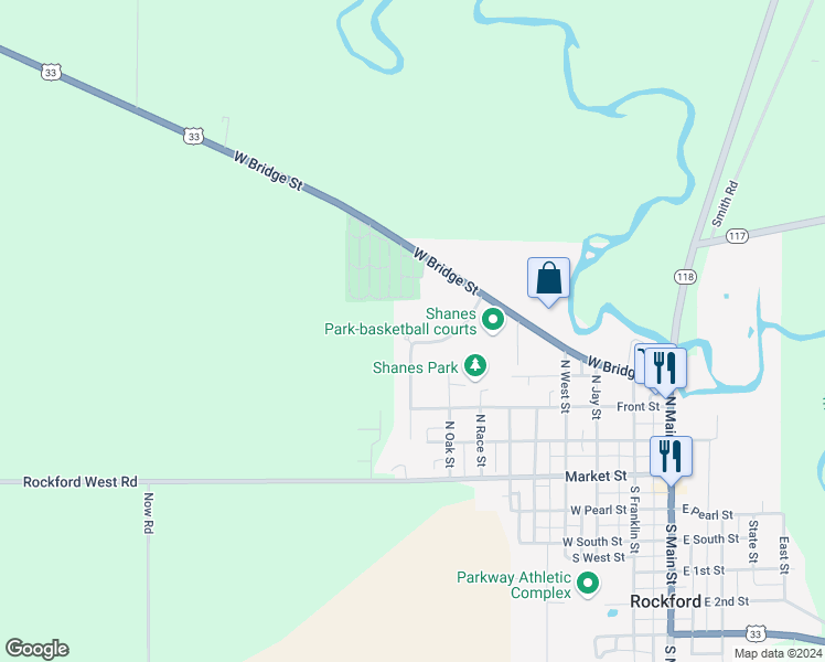 map of restaurants, bars, coffee shops, grocery stores, and more near U South West Street in Rockford
