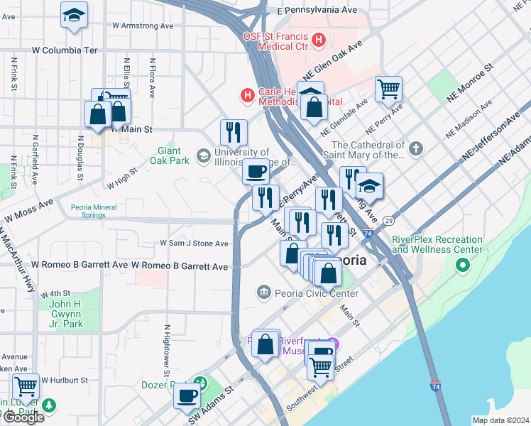 map of restaurants, bars, coffee shops, grocery stores, and more near 109 Northeast Perry Avenue in Peoria