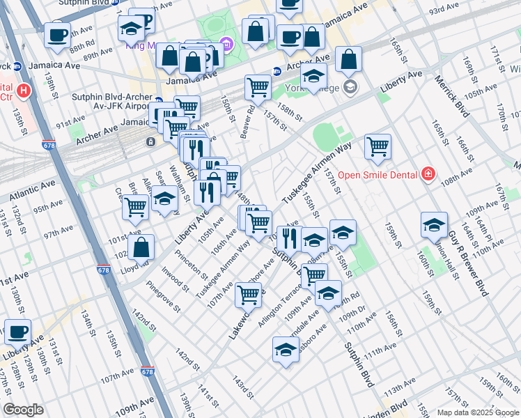 map of restaurants, bars, coffee shops, grocery stores, and more near 10523 150th Street in Queens